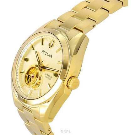 Bulova Surveyor Gold Tone Stainless Steel Open Heart Champagne Dial Automatic 97A182 Men's Watch