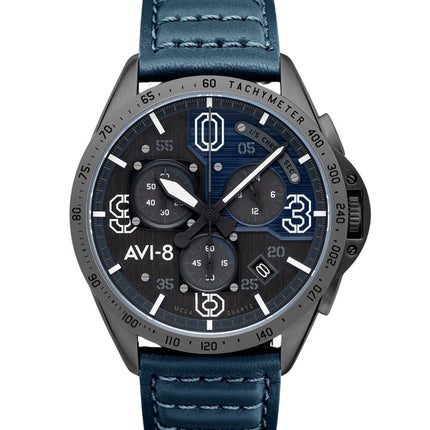 AVI-8 P-51 Mustang Blakeslee Chronograph Air Blue Leather Strap Grey And Blue Dial Quartz AV-4077-04 Men's Watch