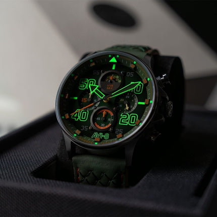 AVI-8 Hawker Typhoon Coningham Chronograph Harding Leather Strap Green Dial Quartz AV-4093-0D Men's Watch