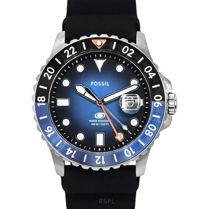 Fossil Blue GMT Silicone Strap Black And Blue Sunray Dial Quartz FS6049 100M Men's Watch