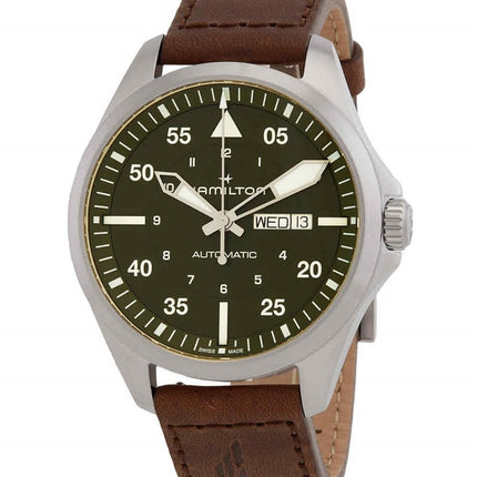 Hamilton Khaki Aviation Pilot Leather Strap Green Dial Automatic H64635560 100M Men's Watch