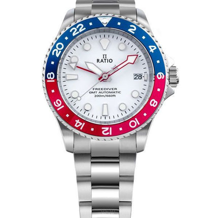 Ratio FreeDiver GMT Series Sapphire Stainless Steel White Dial Blue Red Pepsi Bezel Automatic RTF061 200M Men's Watch