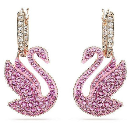 Swarovski Swan Pink Crystals And Rose Gold Tone Plated Drop Earrings 5647544 For Women