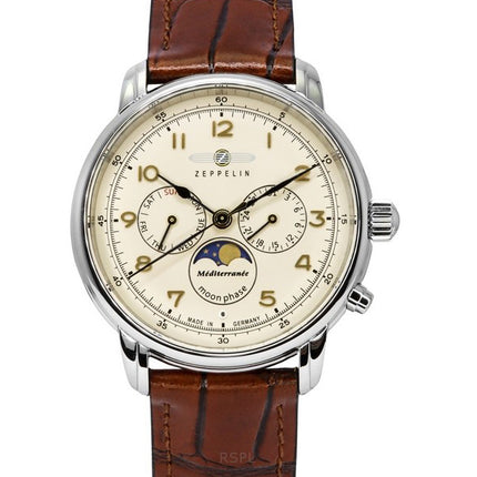 Zeppelin Mediterranean Moon Phase Leather Strap Beige Dial Quartz 96365 Mens Watch