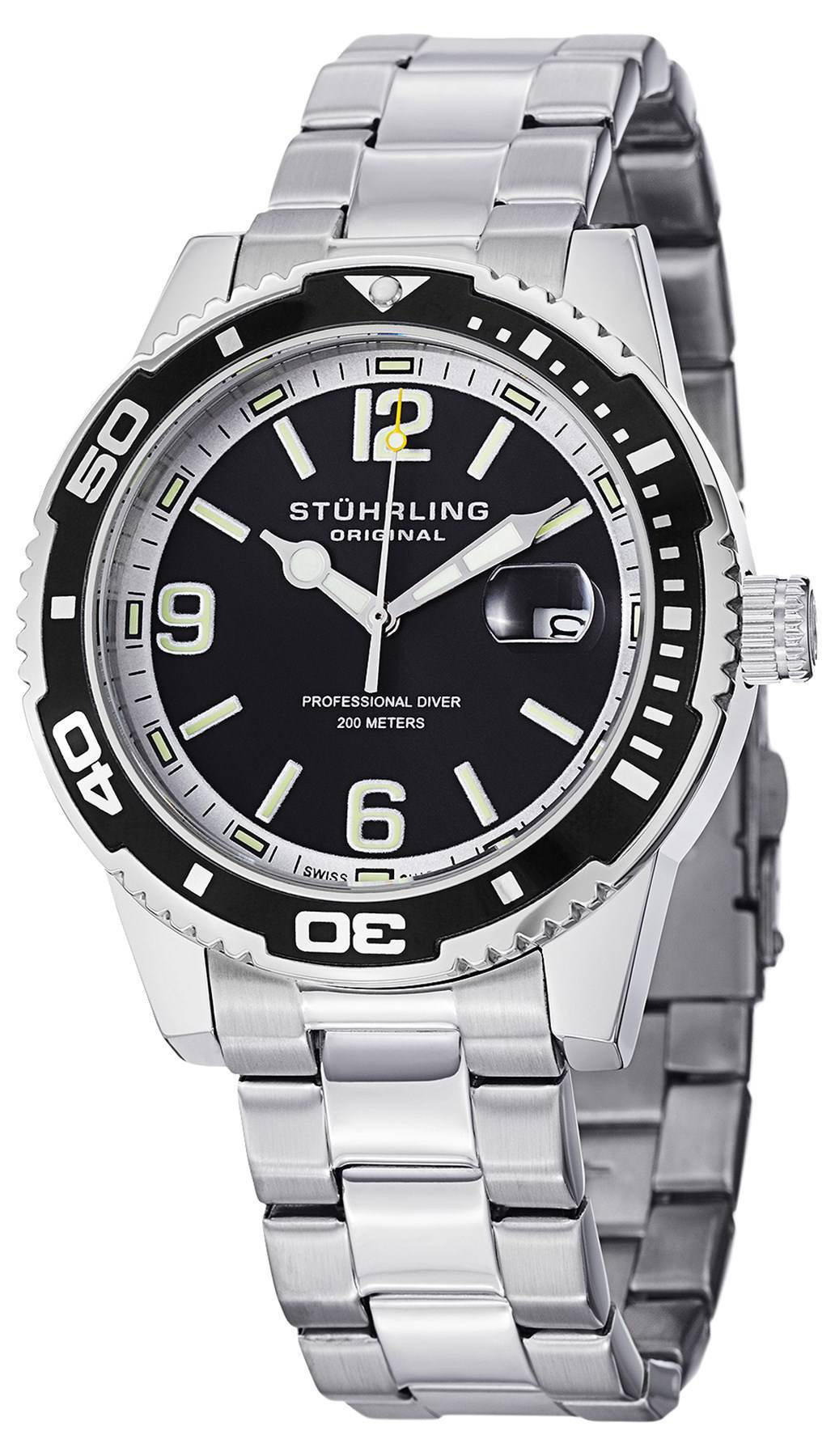 Stuhrling Original Regatta Aquadiver 200M Swiss Quartz Black Dial 415.01 Mens Watch