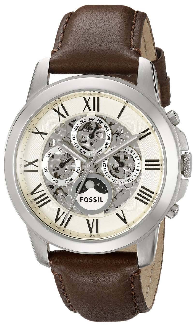 Fossil Grant Automatic White Skeleton Dial Brown Leather ME3027 Mens ...