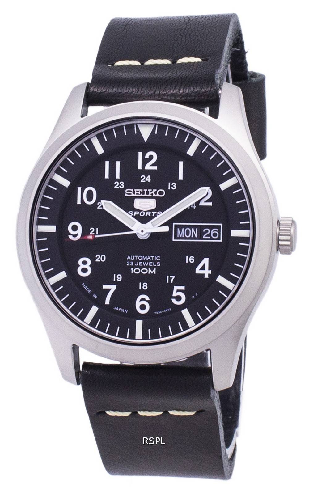 Seiko 5 Sports SNZG15J1-LS14 Japan Made Black Leather Strap Men's Watch ...