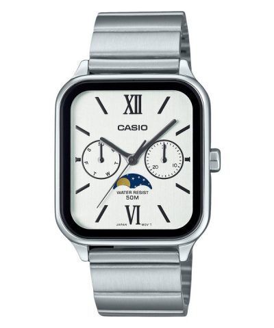 Casio Standard Analog Moon Phase Stainless Steel White Dial Quartz MTP-M305D-7A2V Men's Watch