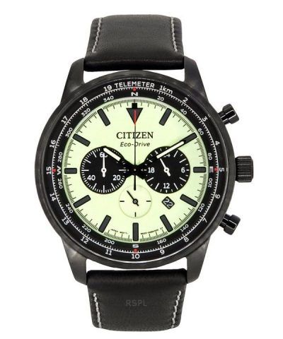 Citizen Eco-Drive Chronograph Leather Strap Full Luminous Green Dial CA4505-21X 100M Men's Watch