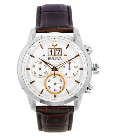 Bulova Sutton Big Date Chronograph Brown Leather Strap Silver Dial Quartz 96B309 Men's Watch