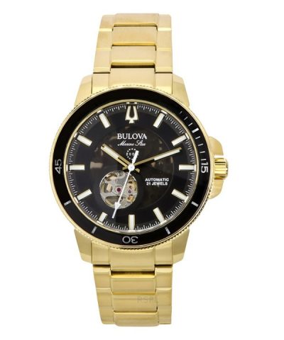 Bulova Marine Star Gold Tone Stainless Steel Black Dial Automatic Diver's 97A174 200M Men's Watch