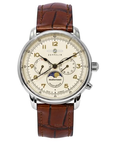 Zeppelin Mediterranean Moon Phase Leather Strap Beige Dial Quartz 96365 Mens Watch